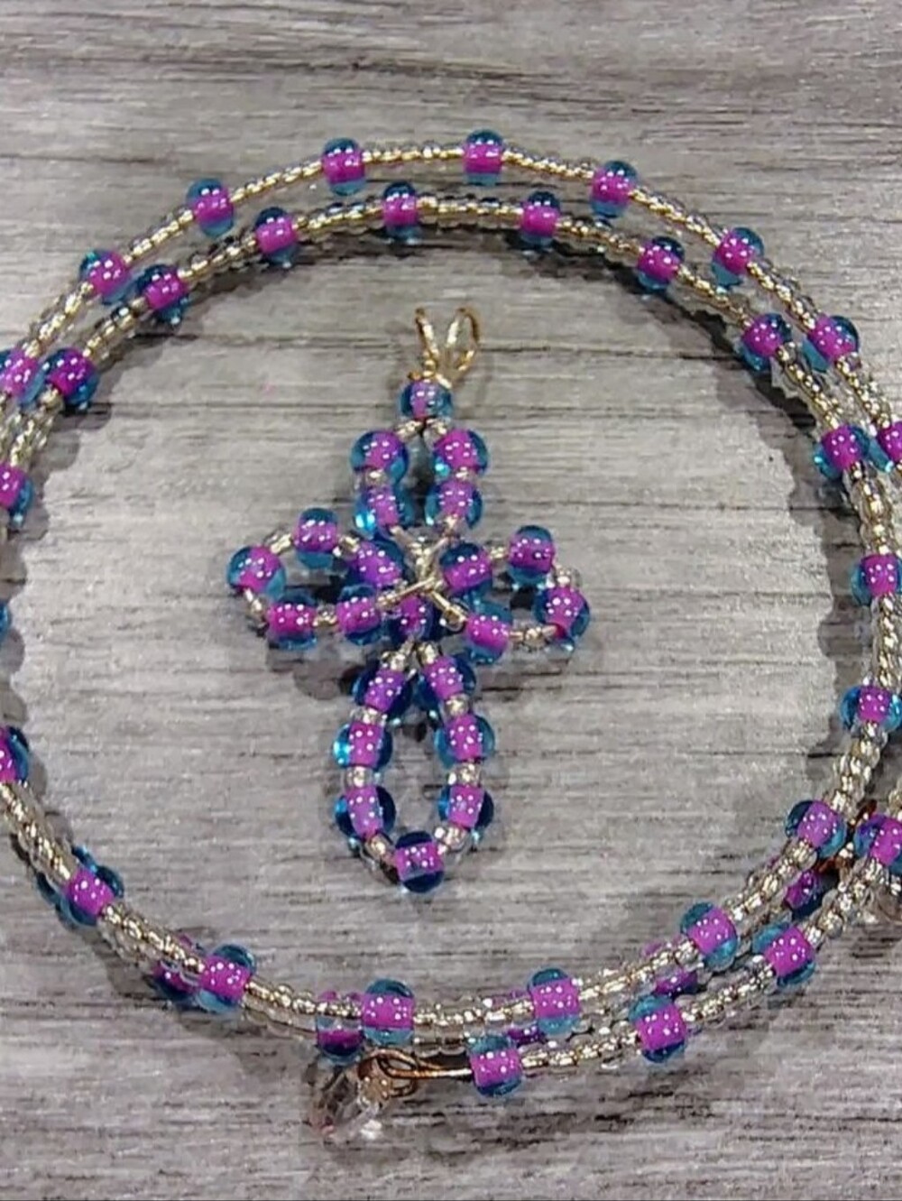 Handmade Beaded Cross Pendant And Bracelet- Pink & Blue